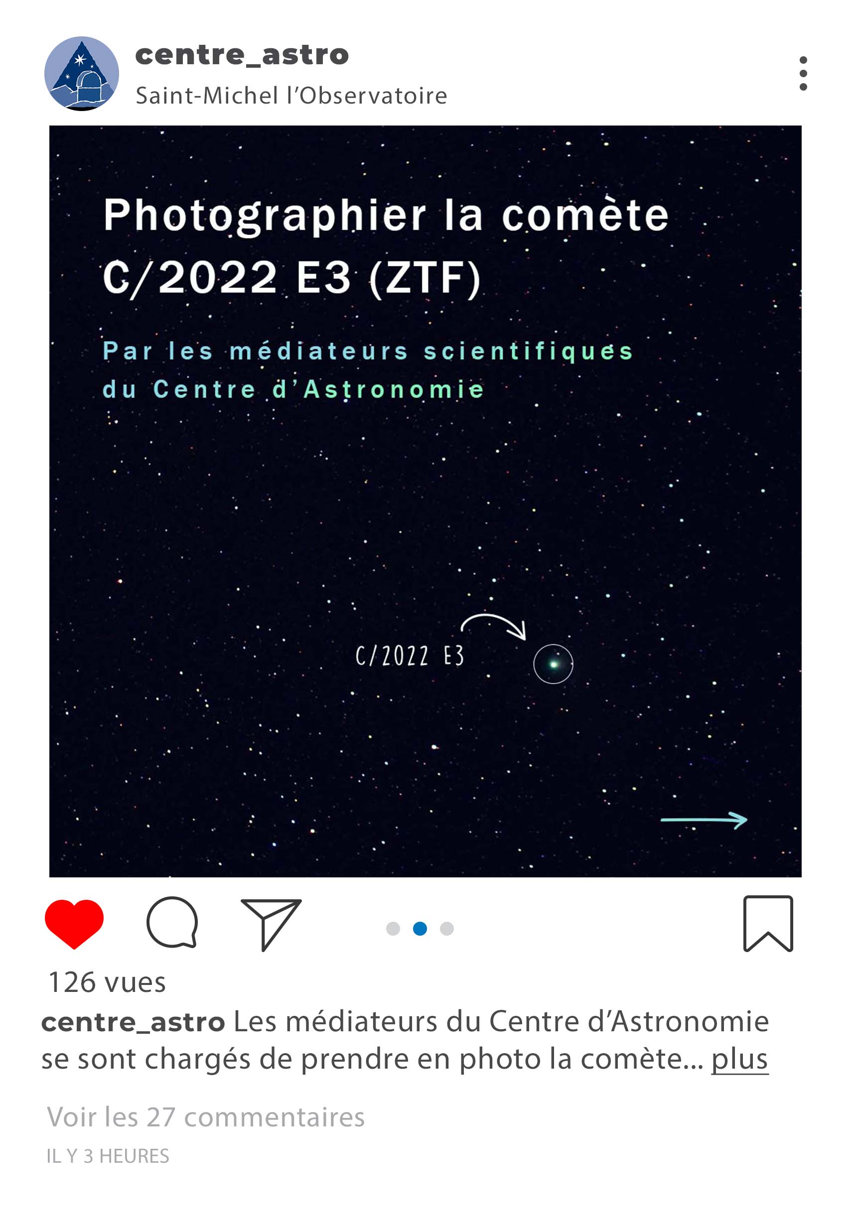 Observation de la comète C/2022 ZTF au Centre d'Astronomie de Saint-Michel l'Observatoire